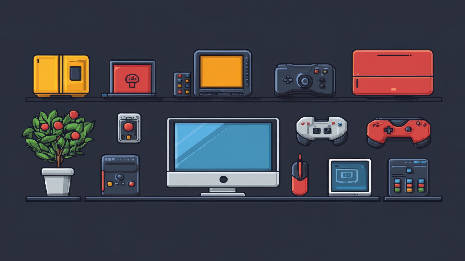 Multiple device screens showing the same 2D game running on PC monitor, tablet, phone, and handheld console